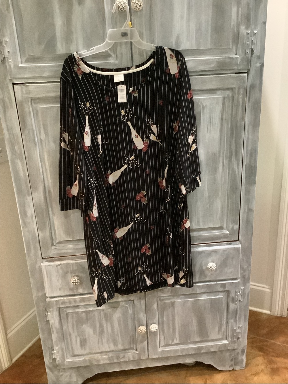Soma Black Pinstripe Floral Long Sleeve Nightshirt